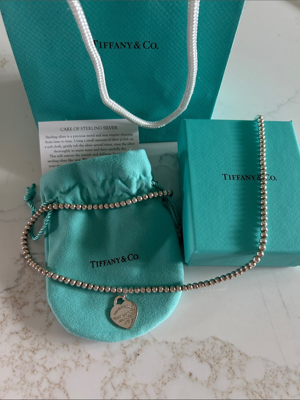 Tiffany & Co. Sterling Silver Bead Necklace with Heart Tag